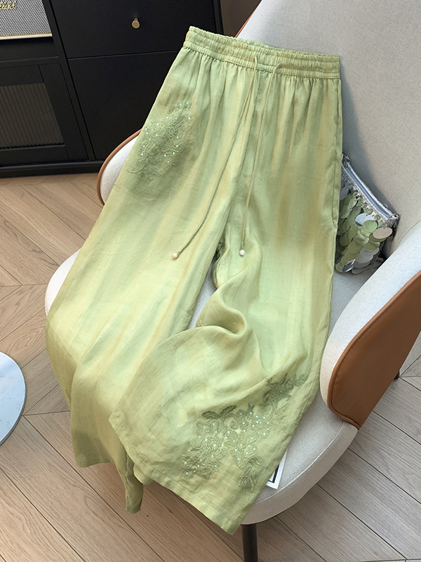 Embroidery Effect - Elegant High Waist Wide Leg Pants