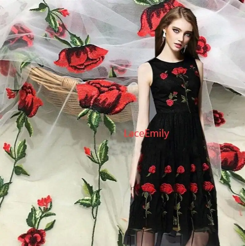 Red Rose Lace Fabric flower em - огляд і ціна Embroidery Rose