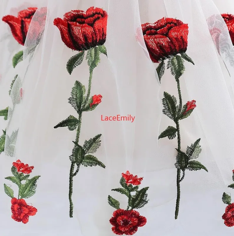 Red Rose Lace Fabric flower em - огляд і ціна Embroidery Rose