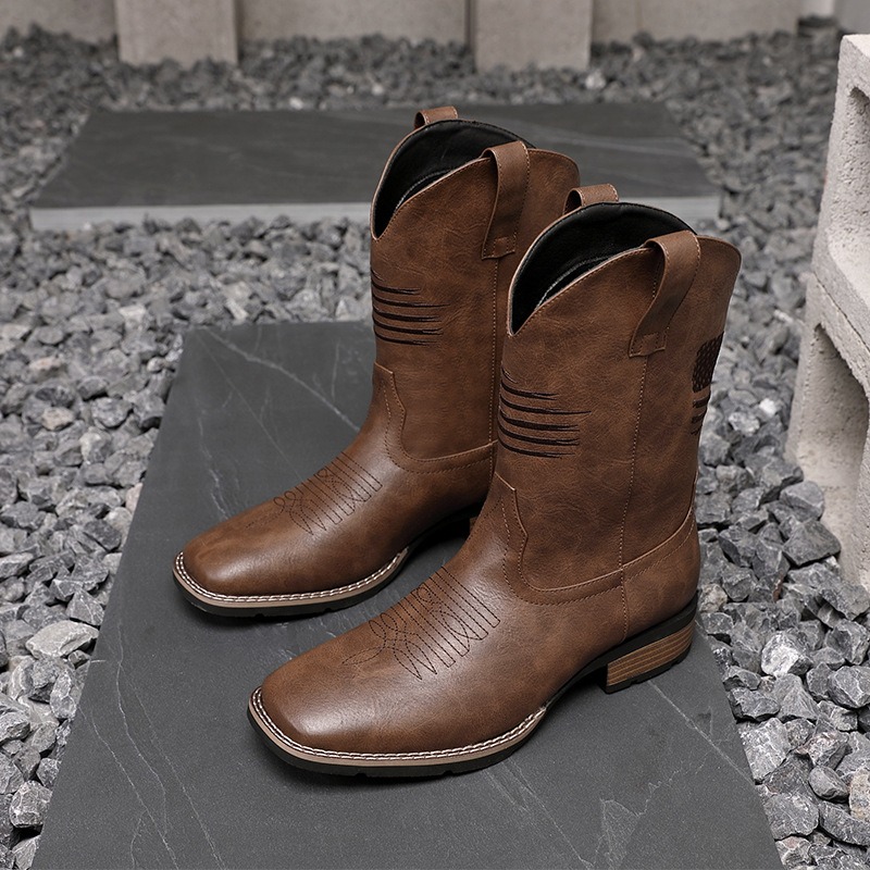 Men Western Cowboy Boots Squar - огляд і ціна Embroidery On Leather