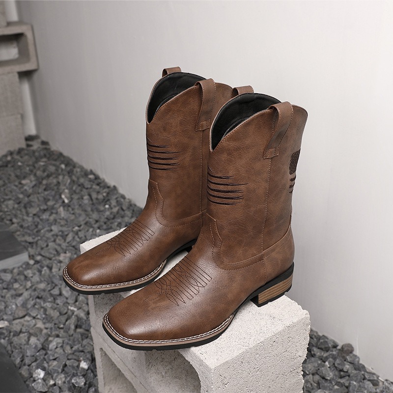 Men Western Cowboy Boots Squar - огляд і ціна Embroidery On Leather