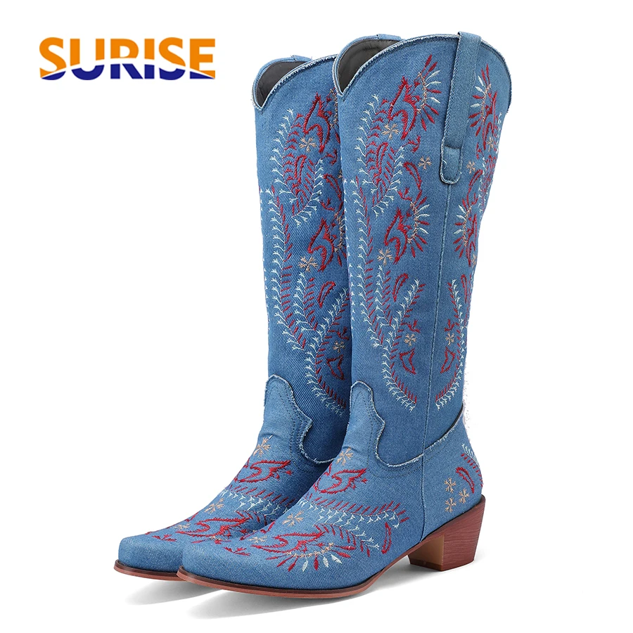 Blue Denim Western Cowgirl Kne - огляд і ціна Embroidery Flower