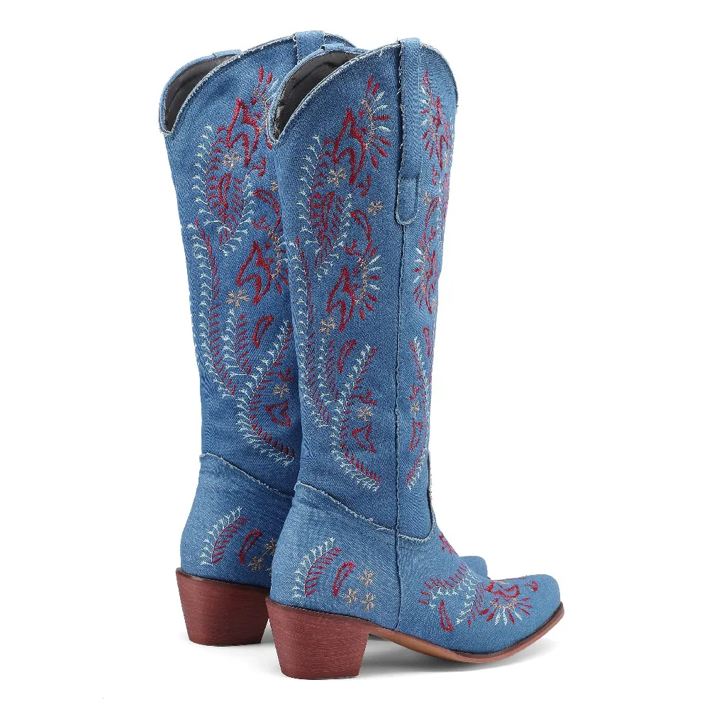 Blue Denim Western Cowgirl Kne - огляд і ціна Embroidery Flower