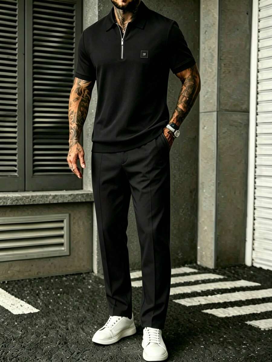 Mens Black Quarter-Sleeve Zip- - огляд і ціна Embroidery Men Shirt